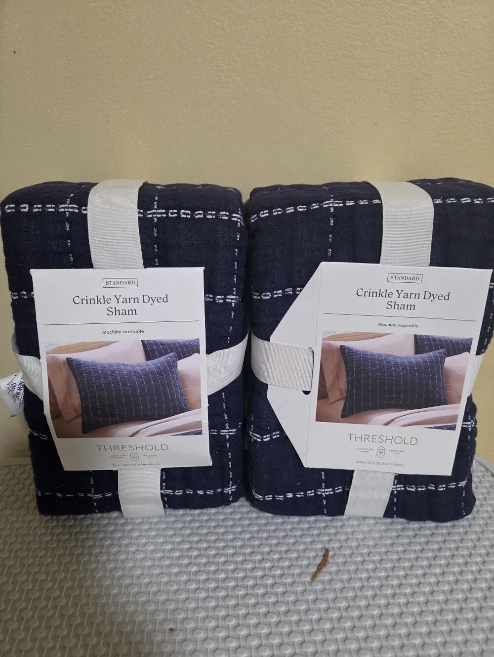 Set Of 2 Threshold Crinkle Yarn Dyed Sham - Navy with White Stitch
